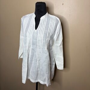 Charter Club Luxury White Linen Pintuck V Neck Tunic Top Women's Small